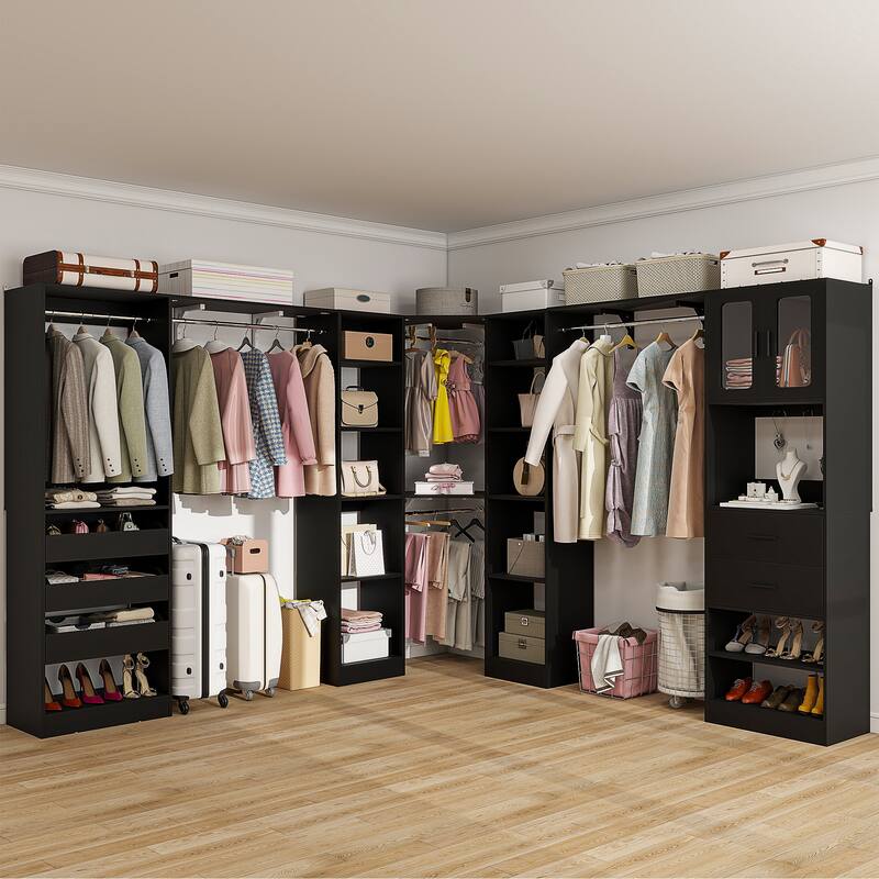 100" × 100" Closet System With Door and Wooden Drawers, Closet Organizer with 5 Hanging Rods and 20 Storage Shelves - Black