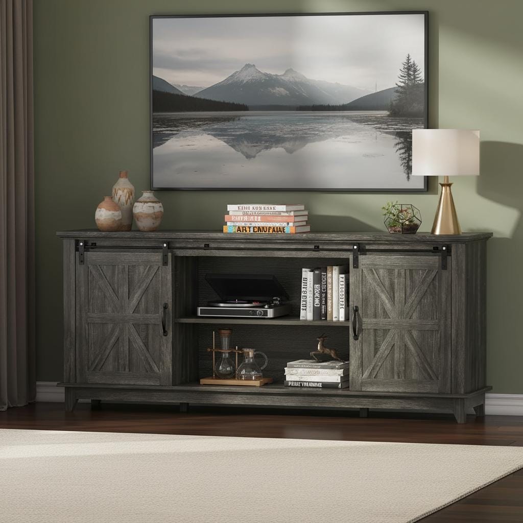 TV Stand with Two Barn Doors and Storage Cabinets