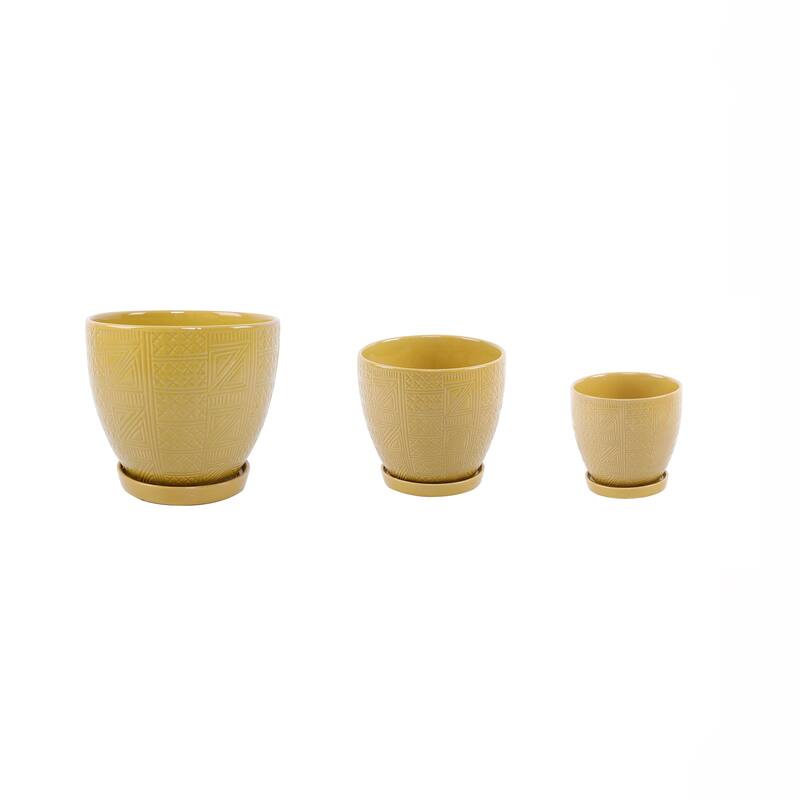 10",8",6.75" Gl Mustard Hiero Ceramic Pot On Saucer Set Of 3