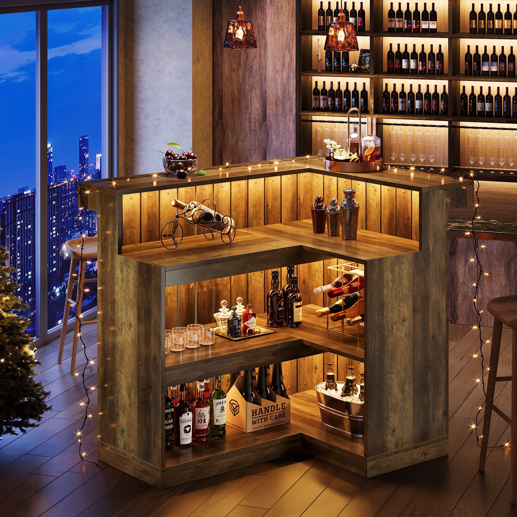 Industrial L-Shaped Corner Home Bar Cabinet with Wine Glass Racks