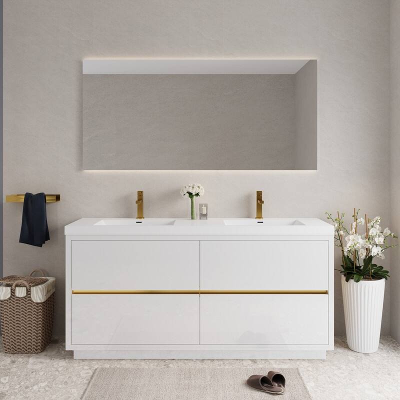 Abruzzo 72" Freestanding Vanity with Solid Surface Countertop & Dual Sinks 4 Soft-Close Drawers - Glossy White