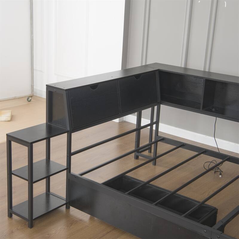 Corner Bed Frame Twin Size with 2 Underbed Storage Drawers, LED Light & Charging Station