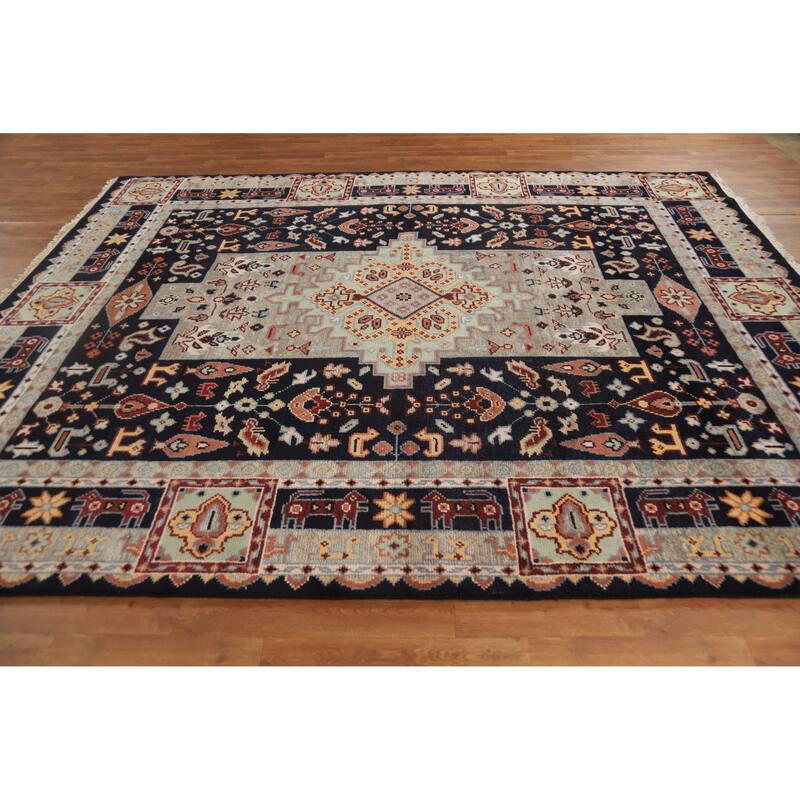 Hand Knotted Oriental 100% Wool Carpet Traditional Tribal Navy Blue & Blues Heriz (serapi) Area Rug - 9' 10'' X 8' 0''