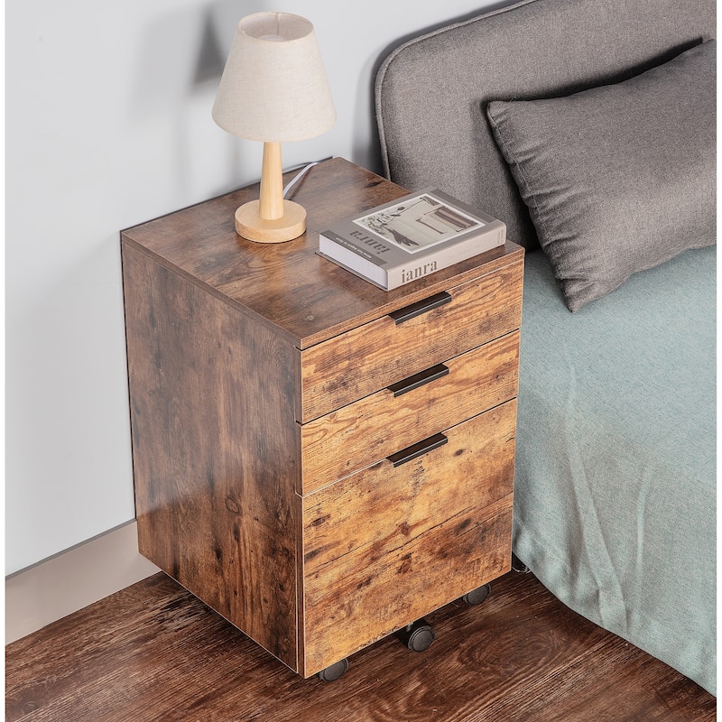 JJS 3 Drawer Rolling Wood File Cabinet with Locking Wheels for A4 or Letter Size