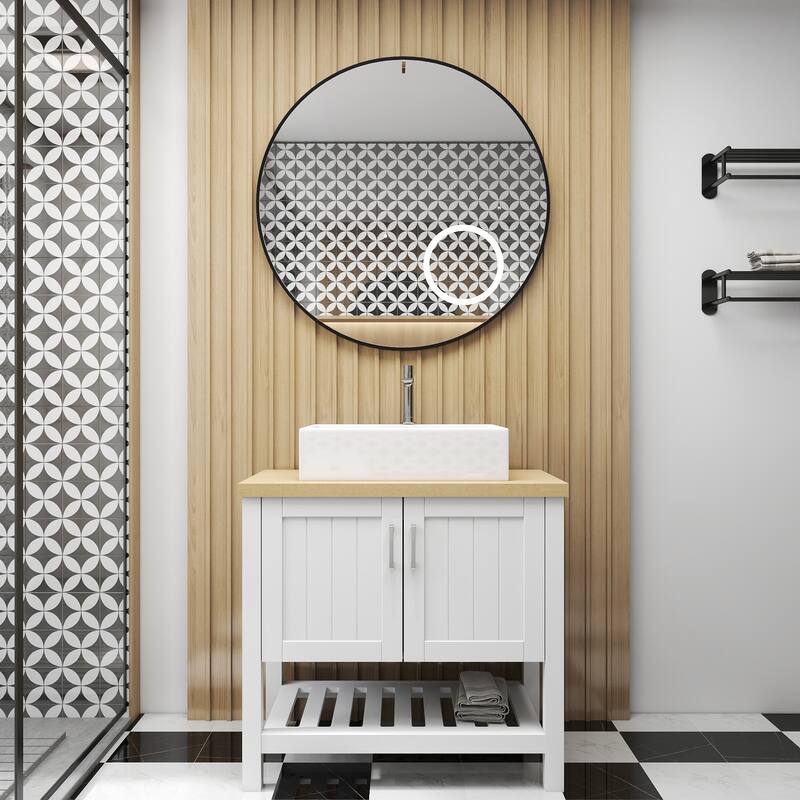 GDFStudio - 32" Bathroom Vanity with Sink, Single Cabinet with Doors and Open Shelf, Solid Wood Small Vanity Set