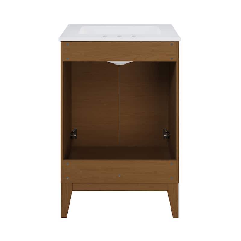 Cascade 24 In. Brown Oak Bathroom Vanity With White, 3-Hole Ceramic Sink Top