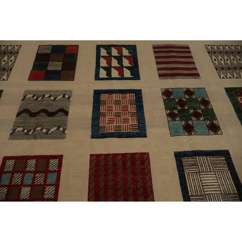 Hand Knotted Oriental 100% Wool Carpet Traditional Geometric Beige & Ivories Peshawar Area Rug - 11' 8'' X 8' 3''