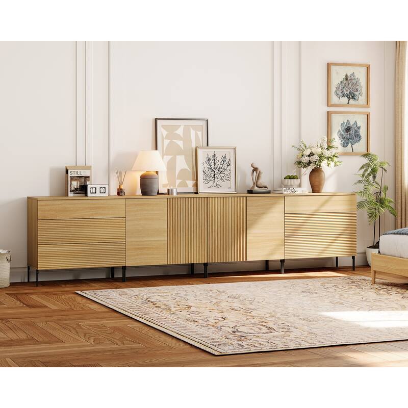 126" Modern Reeded 6-Drawer Dresser For Bedroom, Minimalist Chest Of Drawers With Storage, Wooden Dresser