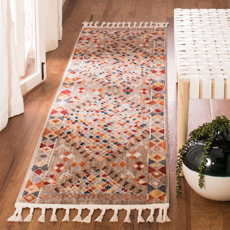SAFAVIEH Farmhouse Delja Boho Tribal Polyester Rug - 2'1" x 8' Runner - Taupe/Navy