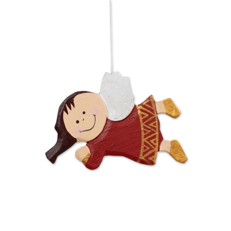 Novica Handmade Grinning Angel Wood Wind Chime - Red