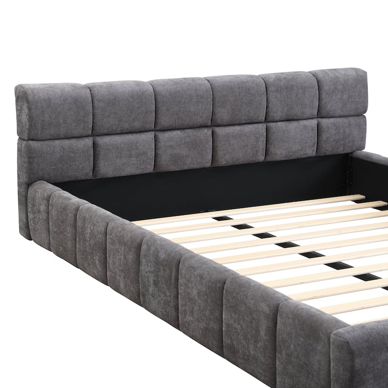 Queen / King Soft Chenille Upholstered Bed in Soft Grey with Stylish Checkerboard Pattern