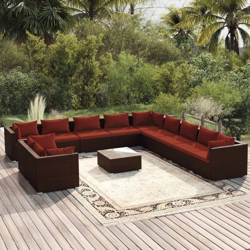 vidaXL Patio Lounge Set Outdoor Sectional Sofa Set Table Garden Poly Rattan - 27.6" x 27.6" x 23.8" - Brown/Cinnamon red 12 Piece
