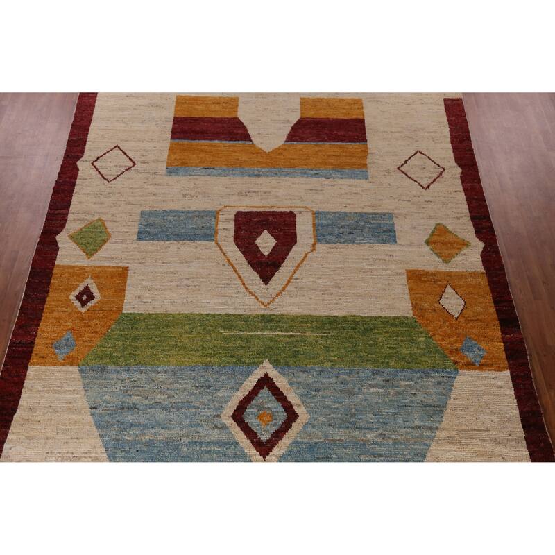 Moroccan Oriental Large Rug Handmade Modern Beige Wool Carpet - 9'11" x 13'8"