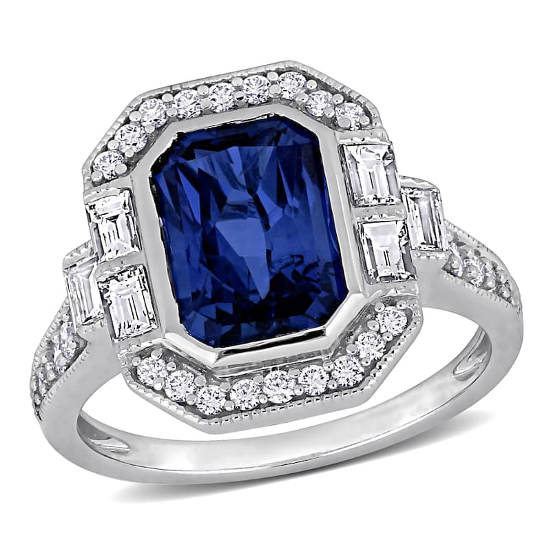 Miadora 3 2/5ct TGW Octagon-Cut Blue Sapphire 1ct TDW Diamond Halo Ring in 14k White Gold