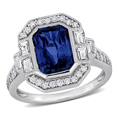 Miadora 3 2/5ct TGW Octagon-Cut Blue Sapphire 1ct TDW Diamond Halo Ring in 14k White Gold