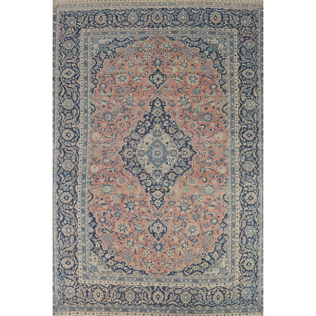 Traditional Floral Mashad Persian Vintage Rug Handmade Wool Carpet - 9'0" x 12'5"