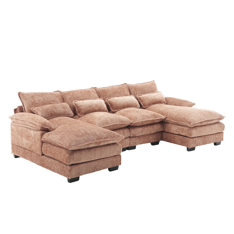 Chenille Upholstered U-Shaped Living Room Sectional Sofa With Wooden Legs