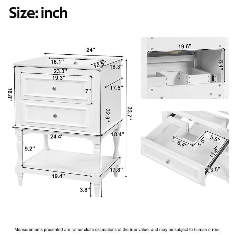 Retro Small Bathroom Vanity with Open Shelf, Ceramic Sink Cabinet