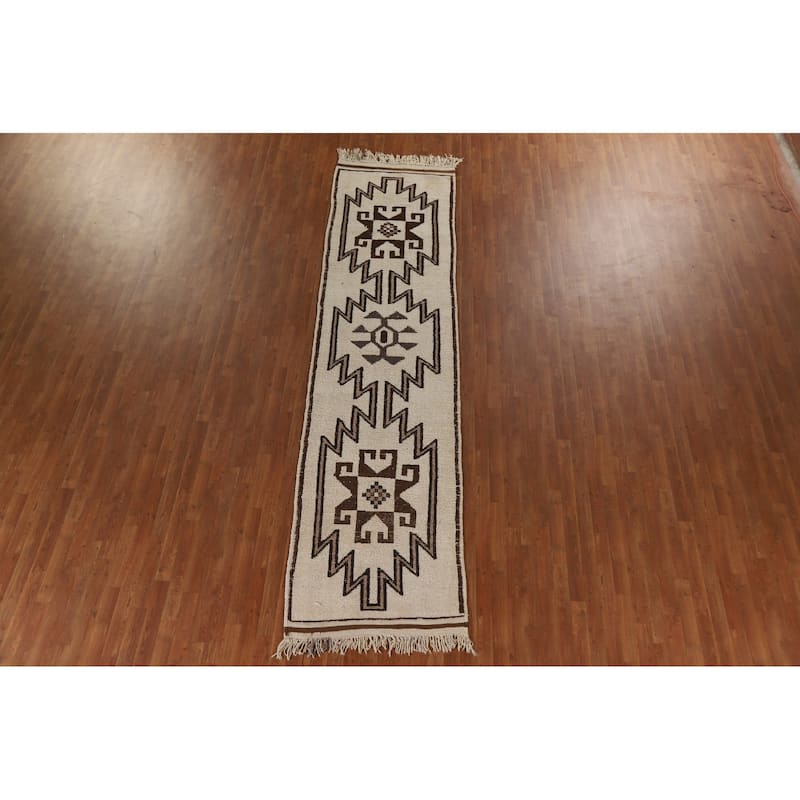 Natural Dye Tribal Kurdish Turkish Runner Rug Handmade Wool Carpet - 3'2"x 12'8"