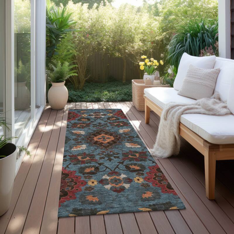 Machine Washable Indoor/ Outdoor Boho Traditional Chantille Rug - Denim - 2'3" x 7'6"
