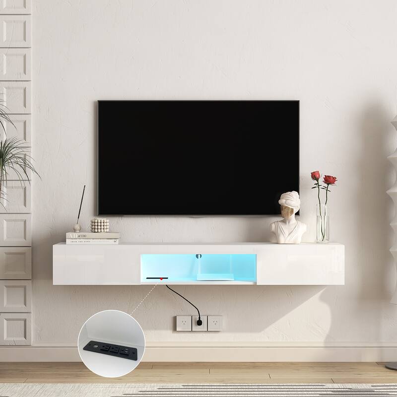 Floating TV Stand Wall Mounted with 16 Color LEDs, 63" Modern TV Stand, Entertainment Center with Open Storage Compartment