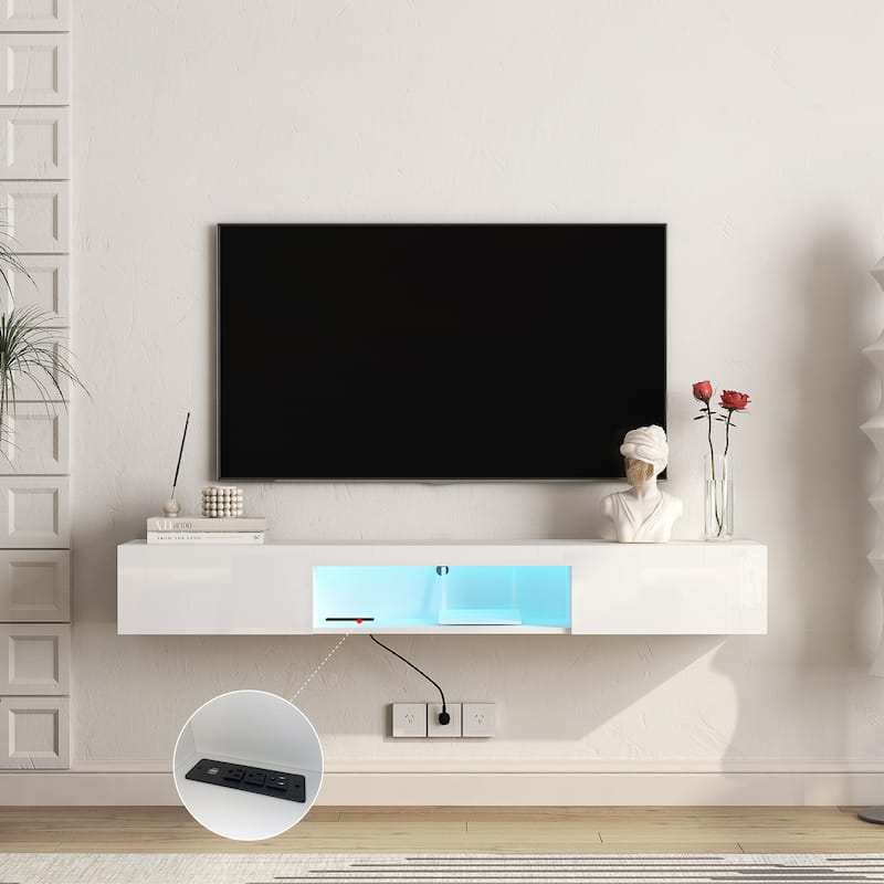 White 62.99" Floating TV Stand with Large Storage Space, LED Lights and Power Outlet for TVs Up to 60"