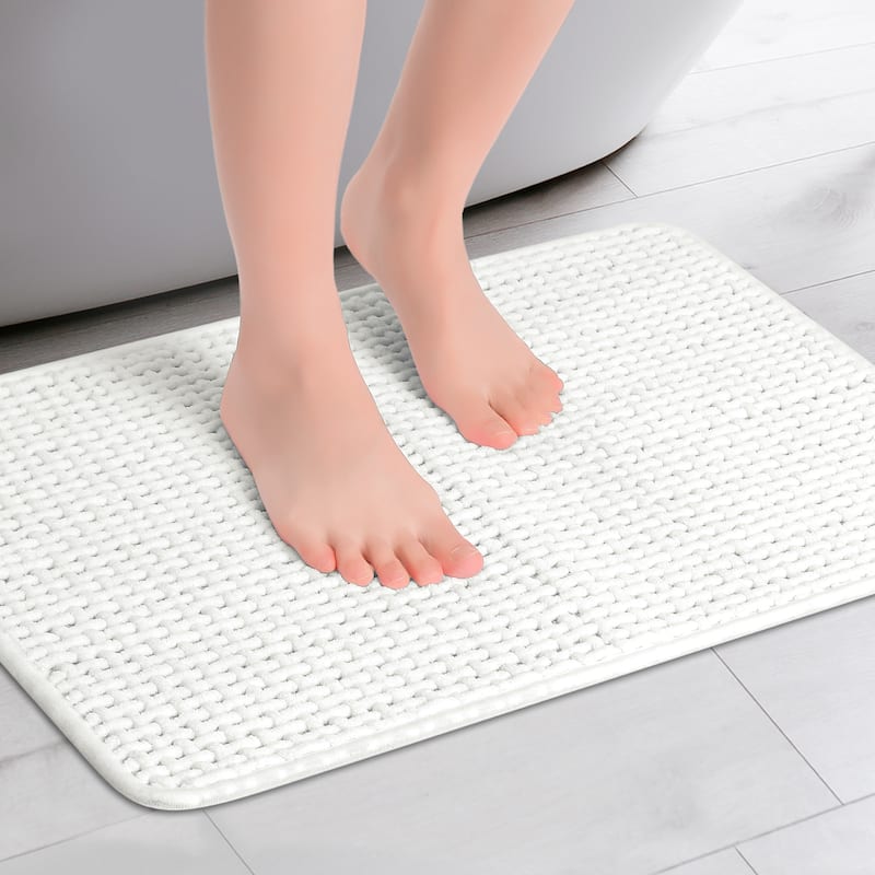 Chenille Bathroom Rugs, Non Slip Bath Mat Carpet for Bathroom Floor, Shower - White