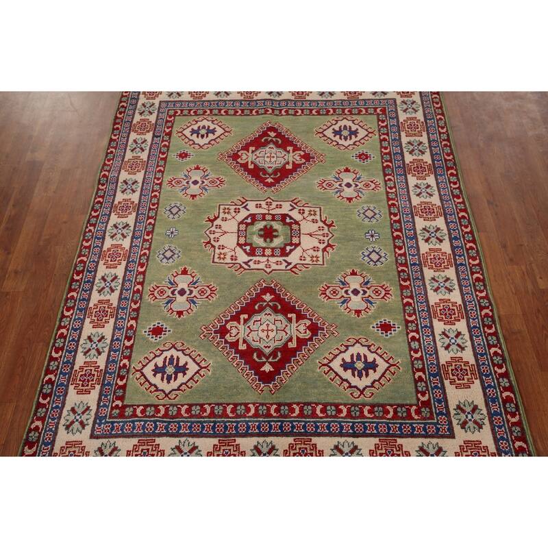 Green Geometric Kazak Area Rug Hand-Knotted Wool Carpet - 4'10" x 6'8"