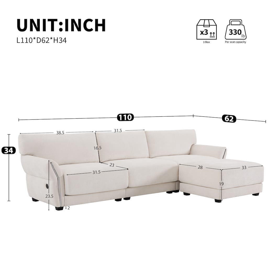 L-Shaped Modular Sectional Sofa with Ottoman, High Density Foam 4 Seater Sofa, Chenille Sofa with USB & Type-C Charger Ports