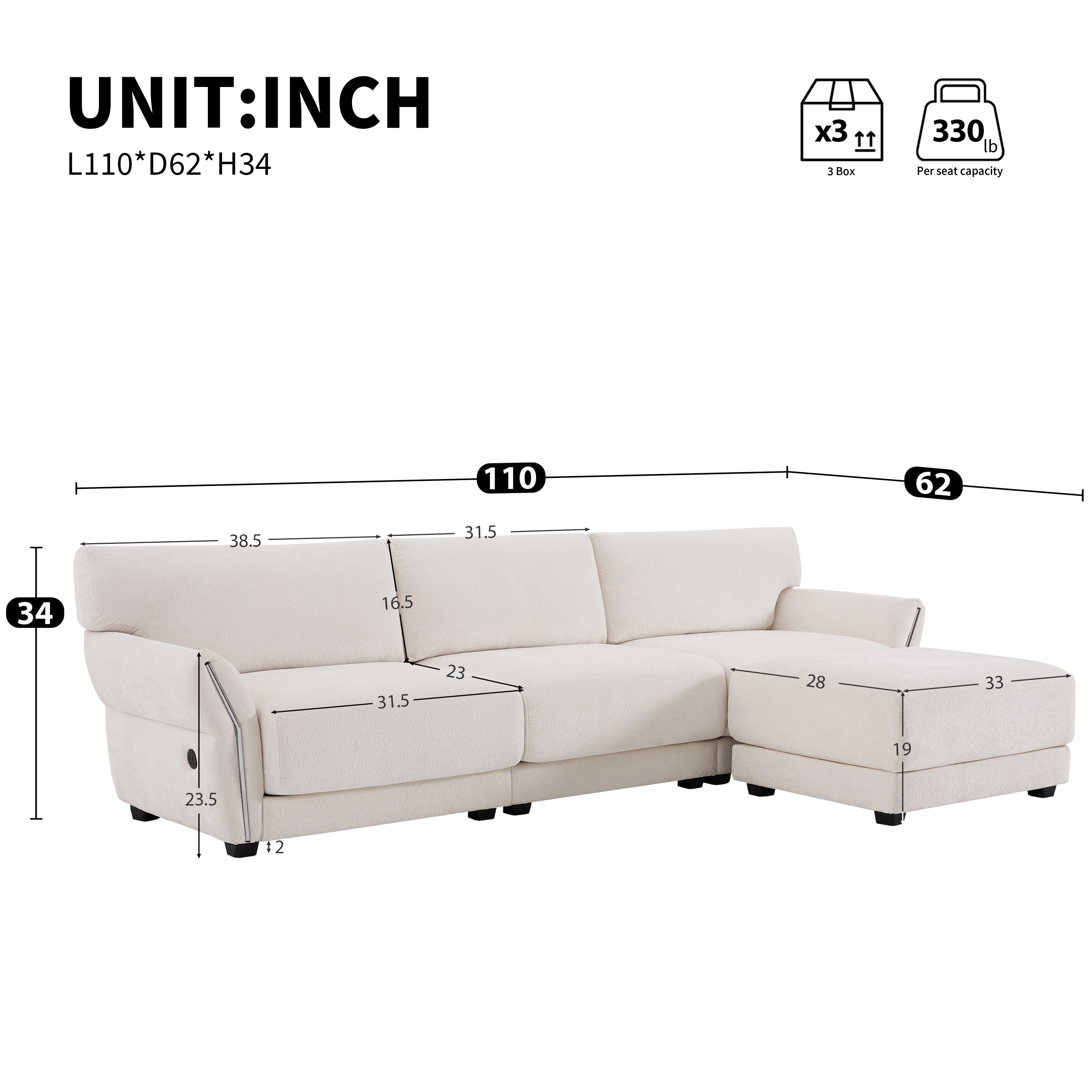 Modular Sectional Sofa L-Shape Extra-Wide Seat Cushion USB Type-C Charger Petal Armrest High Density Foam