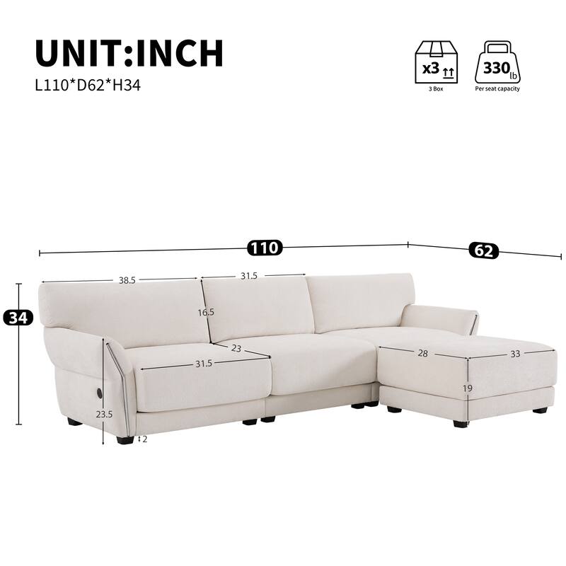 Modular Sectional Sofa Set with Petal Armrest Design External USB and Type-C Charger, Movable Ottoman, Chenille