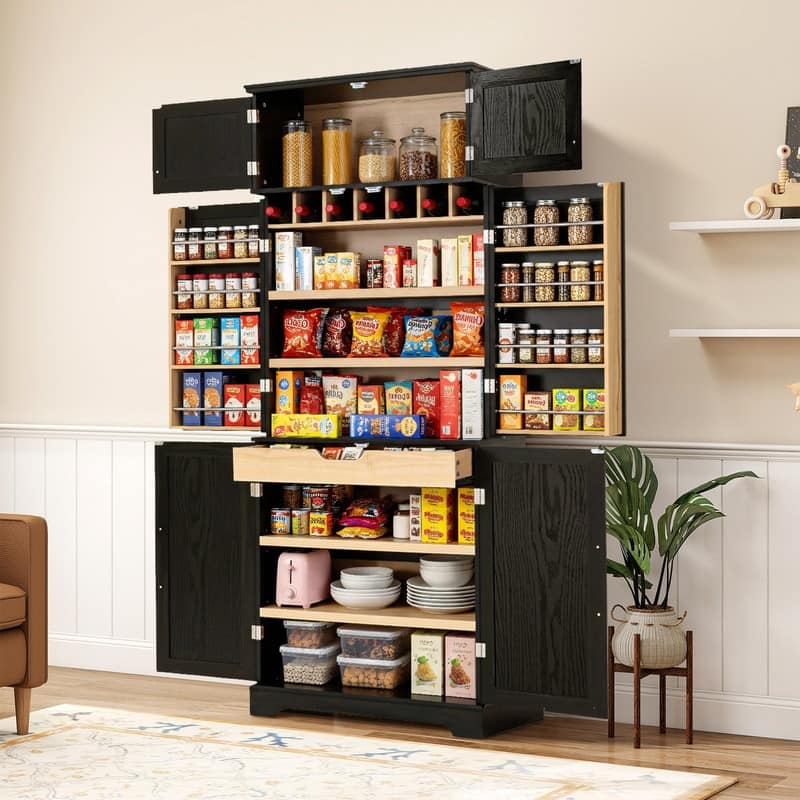 Farmhouse 78.2" Tall Kitchen Pantry Cabinet with Door Shelves, Adjustable Shelves and Hidden Drawer - Black