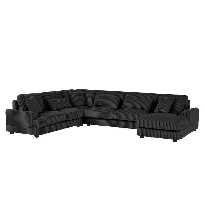 U-Shaped Sectional Sofa with Chaise Lounge, Oversized Corduroy Upholstered Sofa, 5 Seater Sofa with Removable Throw Pillows
