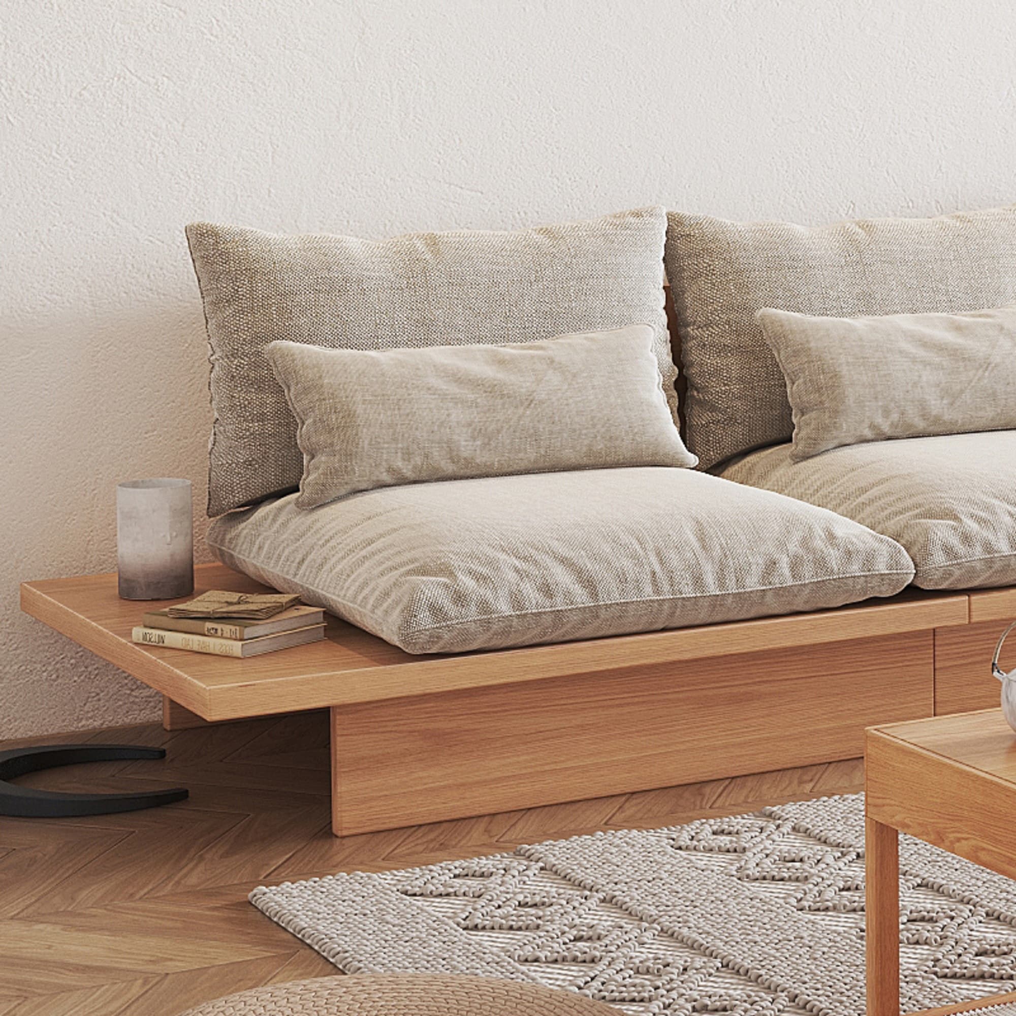 JASIWAY Beige Cotton Sofa with Wood Frame