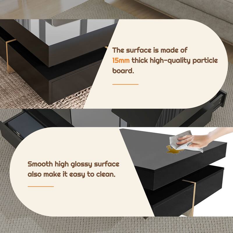 Modern High Gloss Coffee Table With 4 Drawers, Multi-Storage Square Cocktail Tea Table With Wood Grain Legs, Center Table