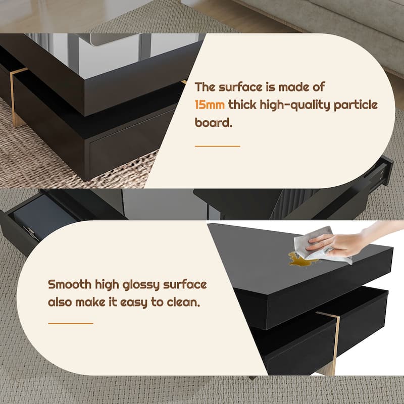 Roomfitters Modern High Gloss Square Coffee Table, Multi-Storage Center Table with Hidden Compartments and Wood Grain Legs