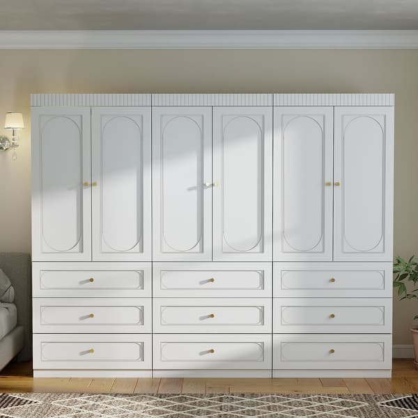 armoire dresser Homsee Armoire Wardrobe Closet with Glass Doors 5 Drawers Lower Cabinets Multiple Upper Shelves and Soft-Padded Shoe-Changing Stool 122''L x 15.7''W x 97''H White at Lowes.com