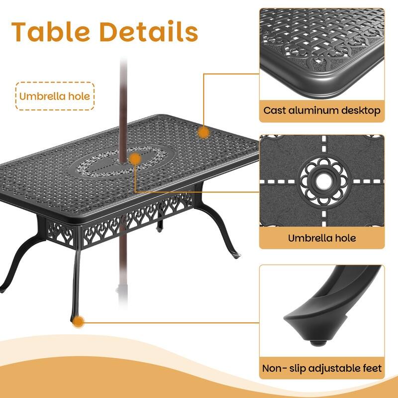 7-Piece Cast Aluminum Outdoor Dining Set with 66.93'' L X 37.40'' W Rectangular Table and Seat Cushions