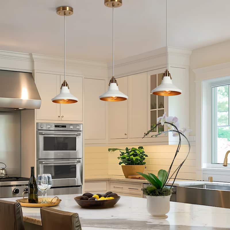 Modern Glam 1-Light White Brass Metal Conical-Shade Pendant Lights Kitchen Island Lights for Dining Room - 8.5" D x 7" H
