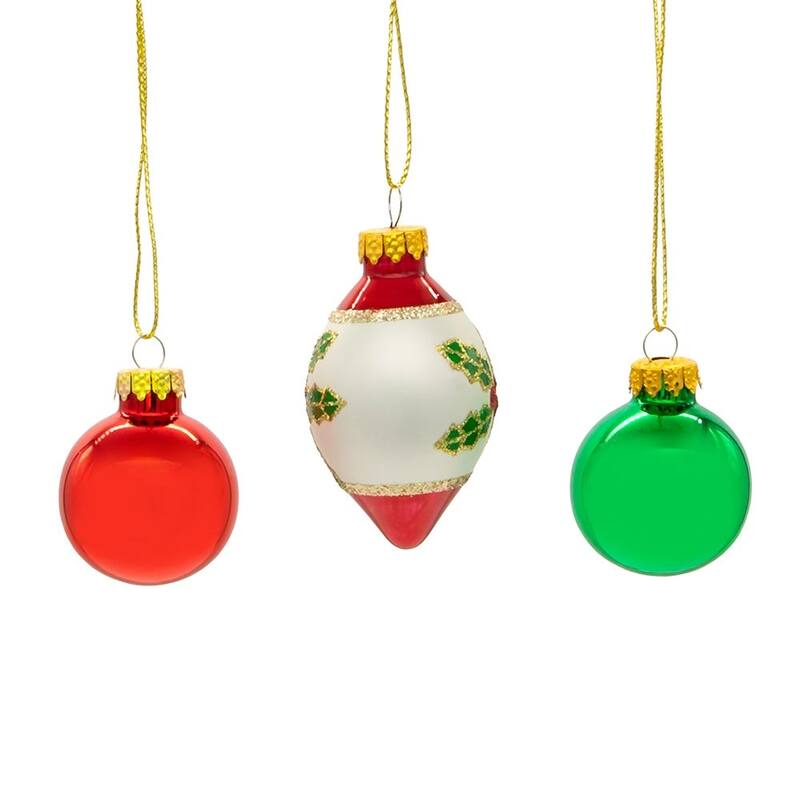 Kurt Adler 35MM Glass Green and Red Ball and Finial 12-Piece Ornament Set