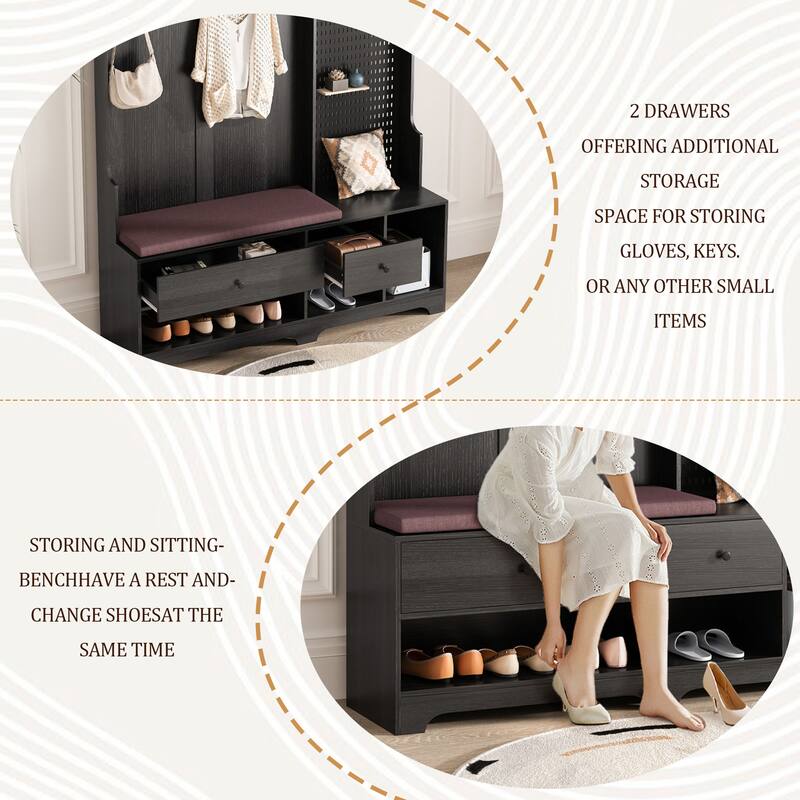 Modern Minimalist Coat Rack, Linen Cushioned Entry Bench, Storage Shelf, DIY Pegboard, for Living Room, Black