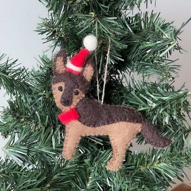 German Shepherd Santa Dog Handmade Felt Ornaments, Set of 2