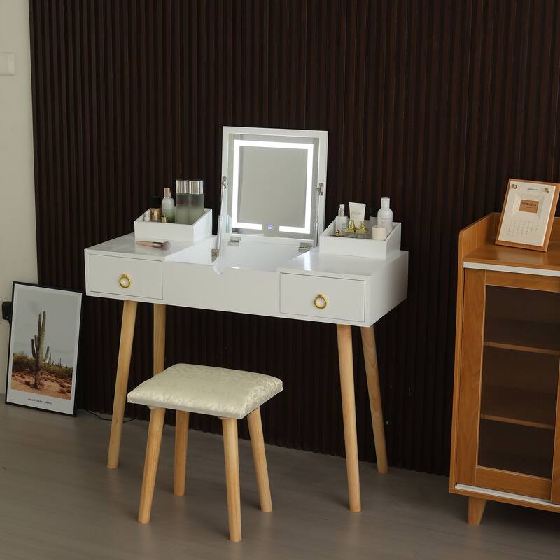 Vanity Desk Set with LED Lighted Mirror & Power Outlet,Flip Top Makeup Vanity Table with Drawers & Cabinet - Gold+White