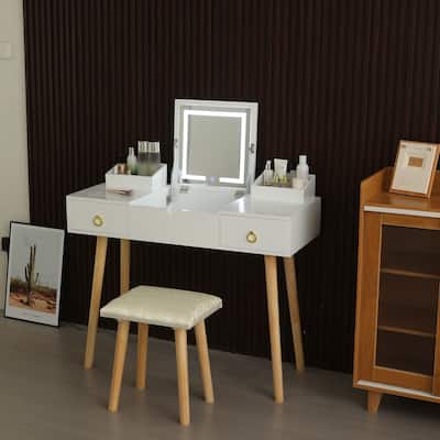 Vanity Desk Set with LED Lighted Mirror & Power Outlet,Flip Top Makeup Vanity Table with Drawers & Cabinet
