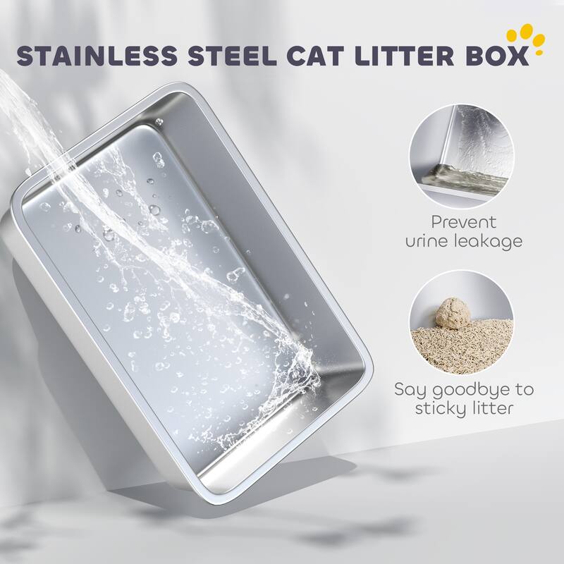 PawHut Stainless Steel Cat Litter Box, Extra Large 2 in 1 Kitty Litter Box with Removable Lid & Scoop, Filter Bags, White