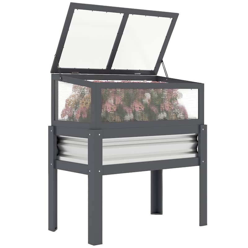 Outsunny Wooden Raised Garden Bed with Flip-Up Greenhouse Top, Raised Garden Bed with Legs and Bed Liner