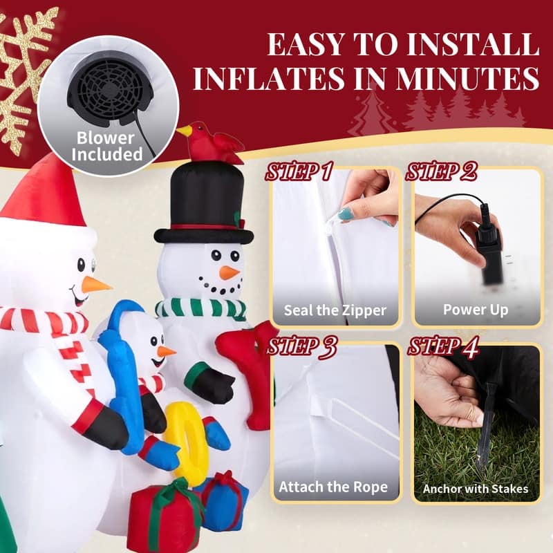 8FT Lighted Christmas Inflatable Decoration Snowman Family with JOY and Xmas Tree