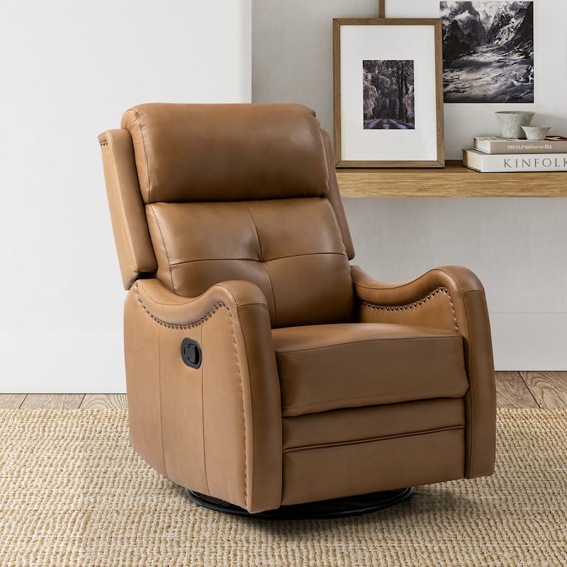 Franco Modern Genuine Leather Swivel Rocker Recliner with Nailhead Trims by HULALA HOME