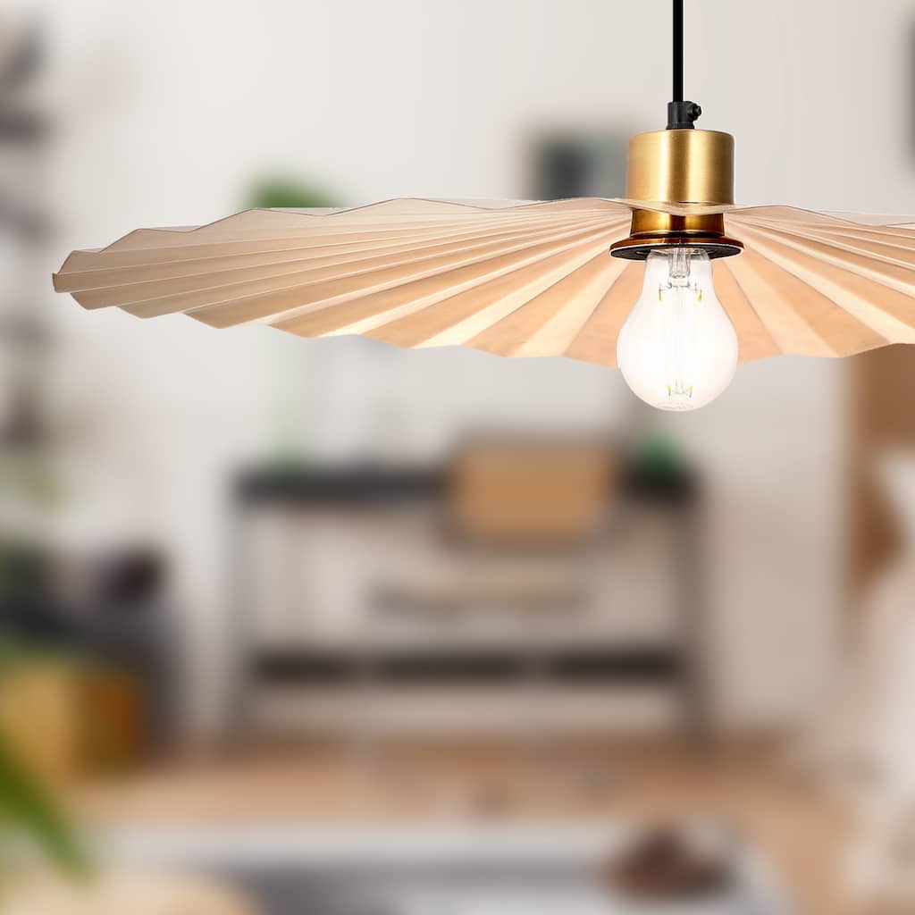 Cory River of Goods Antique Brass Disk-Shaped Indoor Pendant Lamp with Wavy Retro Shade - 24" x 24" x 5.75/64.75"