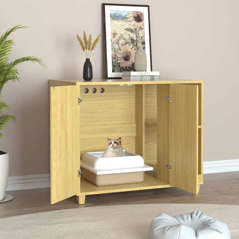 VEIKOUS Cat Litter Box Furniture, Multifunctional Cat Litter Box Enclosure with Scratch Board - 41.3''×26.8''×35'' - Brown